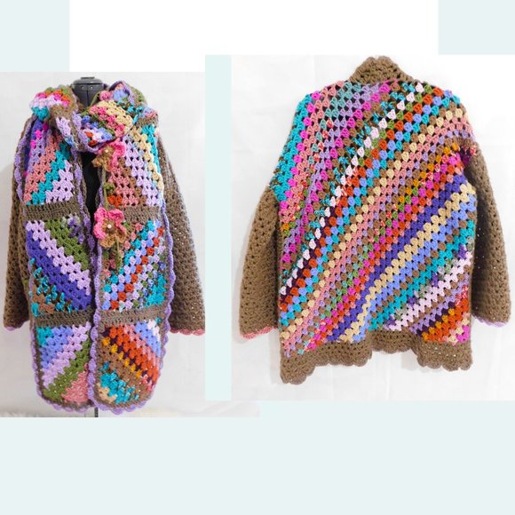 Hand Crafted Sweaters - Brown Granny Square Striped Oversize Sweater Scarf- Flower Accent Scarf Set L/Xl